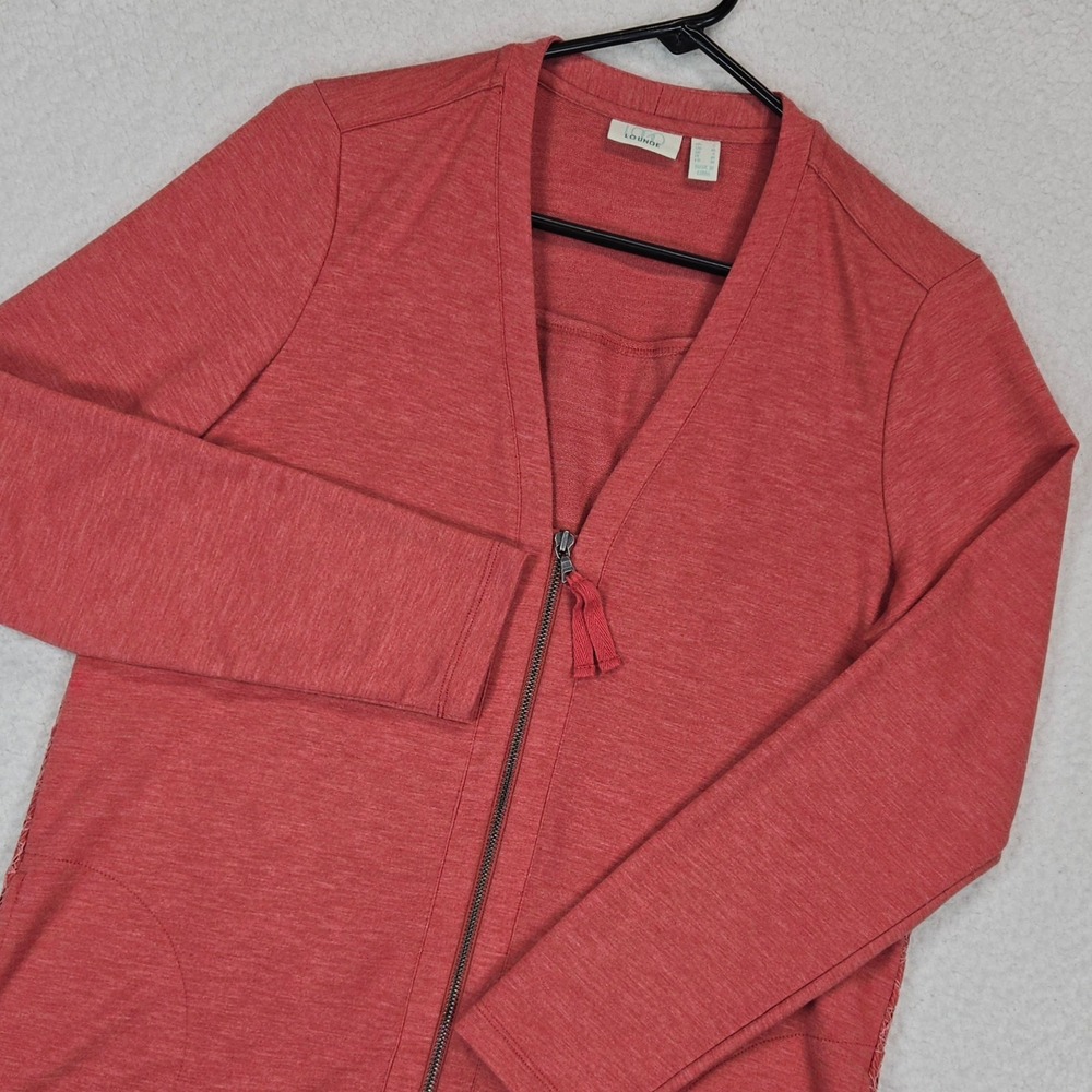 LOGO Lounge Lori Goldstein Cardigan S‎ Coral Lace Back Zip Up Mixed Media Boho